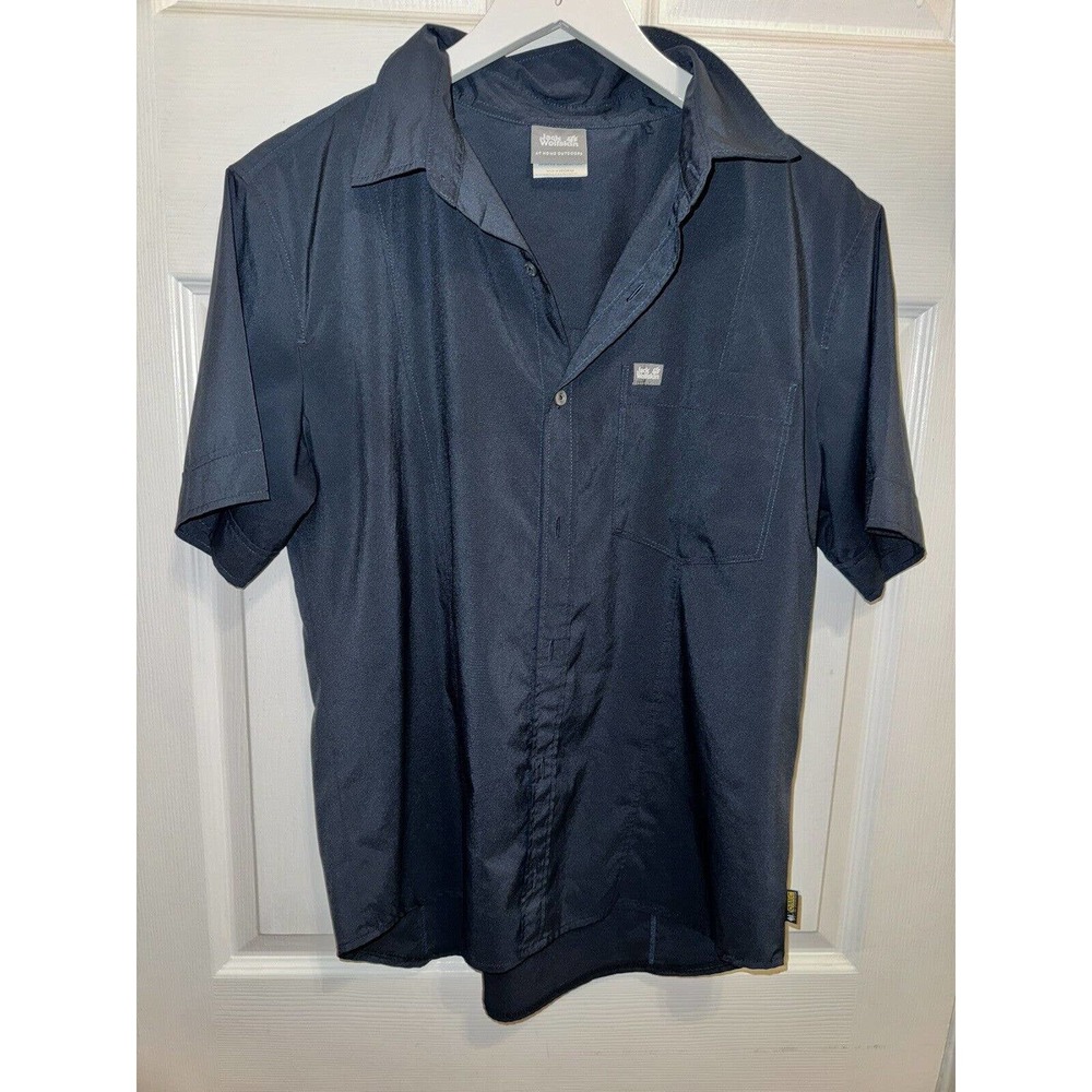Jack Wolfskin Mens Button Up Pocket Polyester Short‎ Sleeve Shirt Navy M